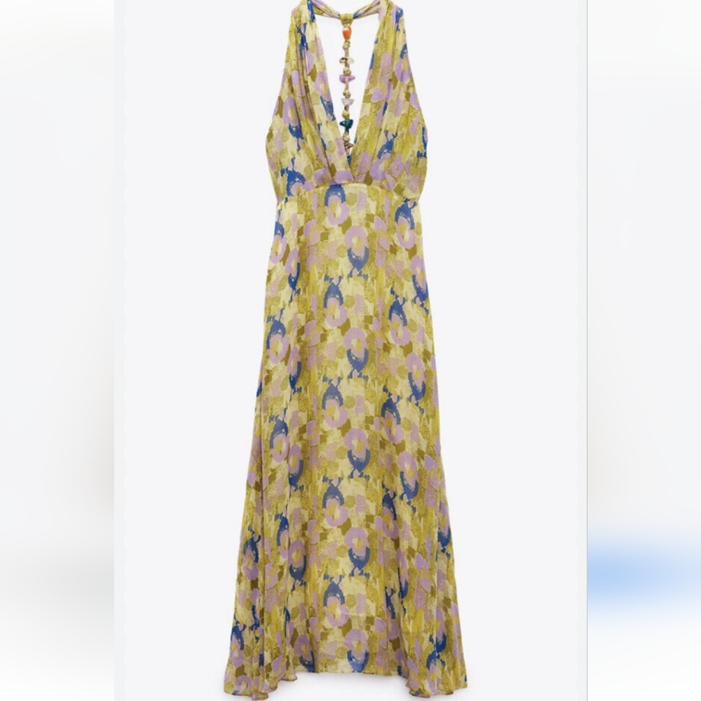 Zara Yellow Lavender Blue Floral Midi Dress